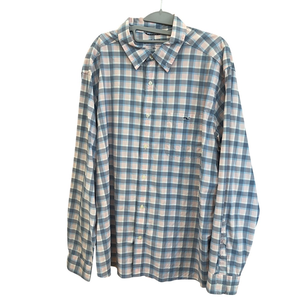 Vineyard Vines Men's OTG Performance Shirt XXL Blue Pink Plaid Button Down